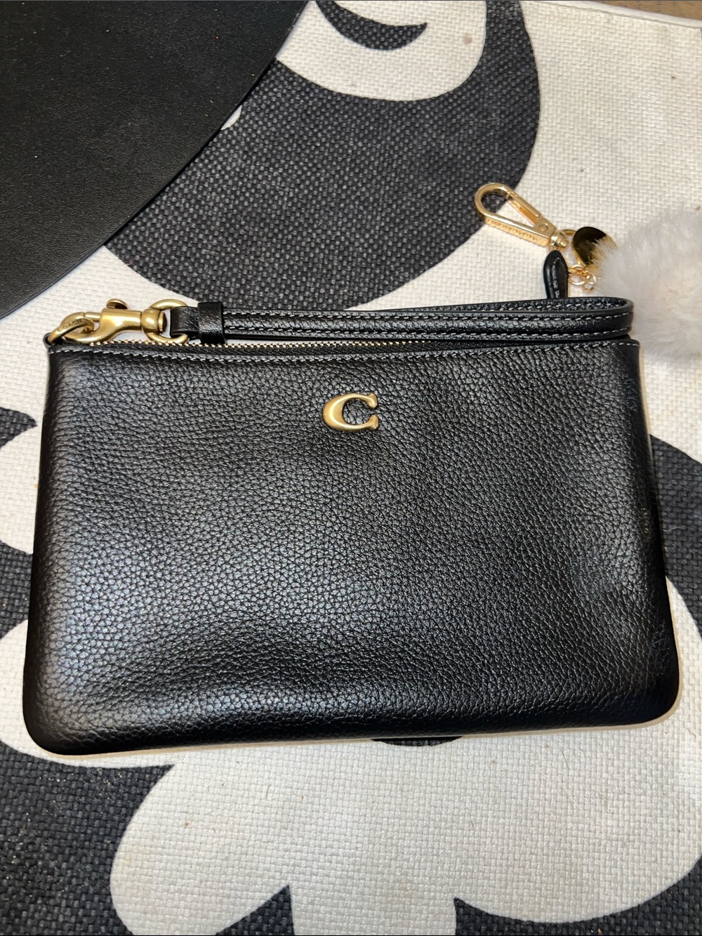 Coach Black Pebbled Leather Double Zip Wristlet with Gold Accent